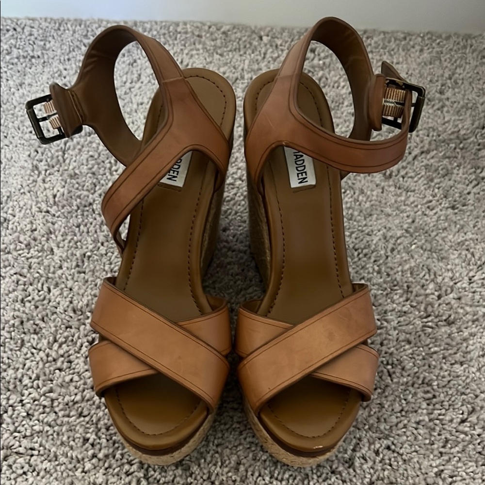 Steve Madden Tan Wedge Sandals with Crisscross Straps